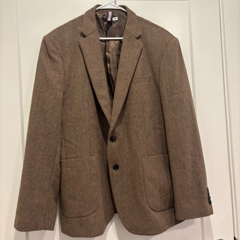 PJ Paul Jones Mens XL Brown Herringbone Wool Blend 2-Button Blazer Sport Coat